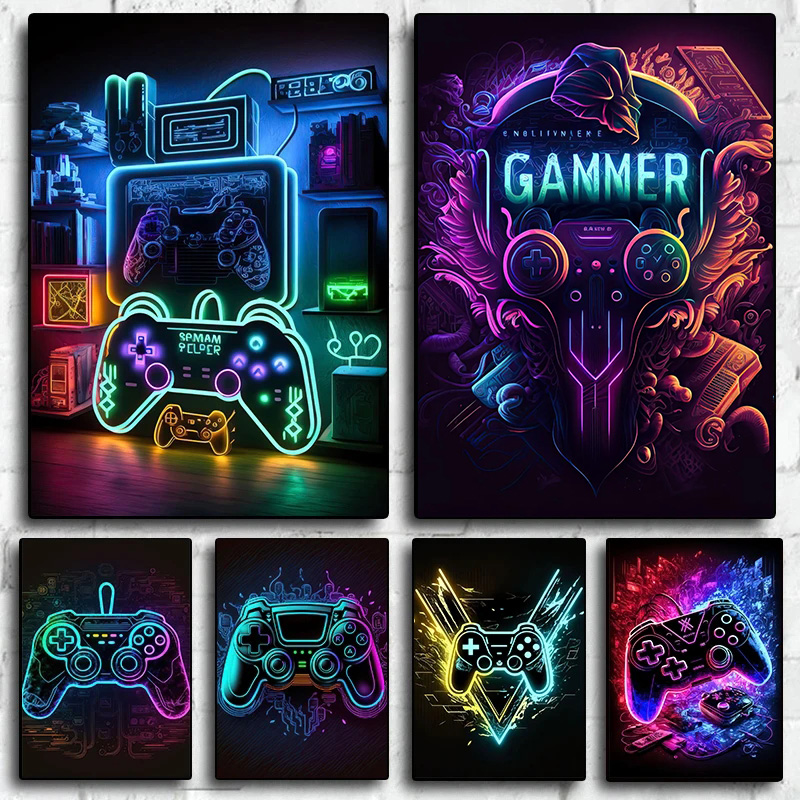 Esports Gaming Houses - モダンなネオンポップクールなゲーミングウォールアートポスター、カラフルなゲーマーコントローラーポスターとプリント、Eスポーツルームの装飾ギフト（ライトなし）