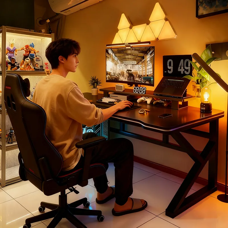 Esports Gaming Houses - 黒のeスポーツスタイルコンピューターデスク、寝室やホームオフィス用のゲーミングテーブル、ワークベンチ、デスクトップセットアップ、賃貸住宅用家具