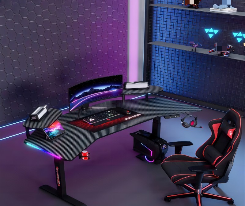 Esports Gaming Lab - インテリジェント電動昇降式ゲーミングテーブル特大カーボンファイバー曲面デスクトップRGB LEDライト高さ調整可能eスポーツデスク
