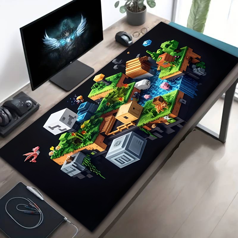 Esports Gaming World - 珪藻土素材、かわいいブロックワールドパターンデザインの特大ゲーミングマウスパッド - 滑り止めゴムベース、ゲーマーに最適 | オフィス |