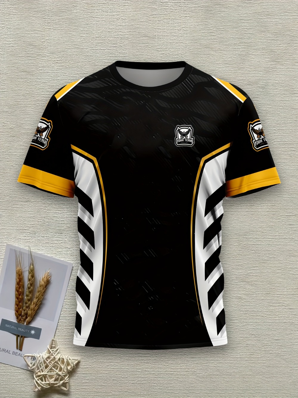 Esports Gaming Sleeve - メンズゲーミングeスポーツチームジャージTシャツ、黒・金・白の幾何学模様昇華プリント3DプリントTシャツ、イーグルロゴスポーツ半袖シャツ